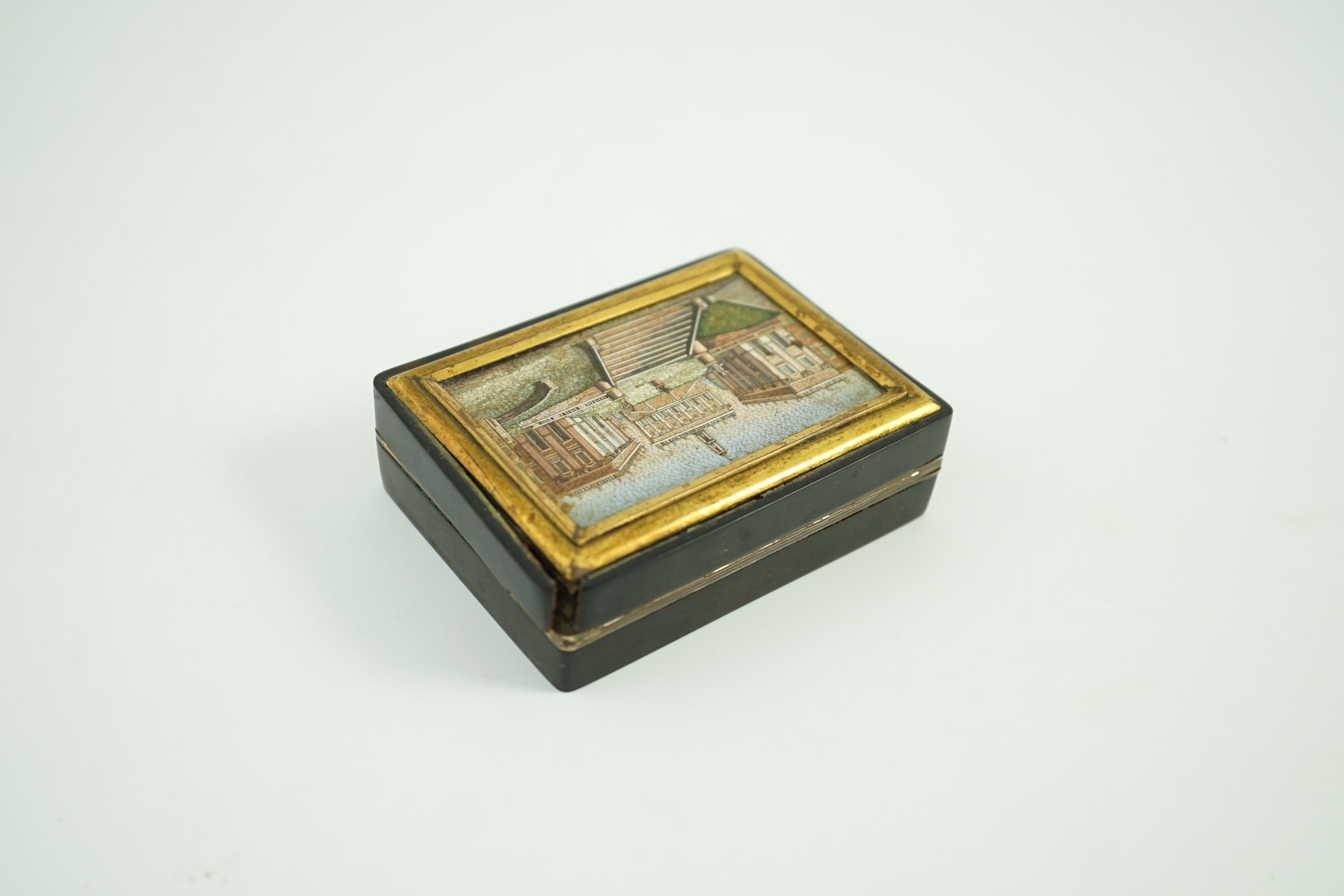 A 19th century French micro mosaic topped gold mounted tortoiseshell snuff box, 8.5 x 6.25cm, 2.5cm high